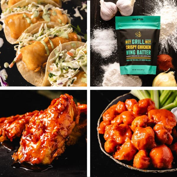 A collage of recipes featuring Hey Grill Hey Wing Batter.