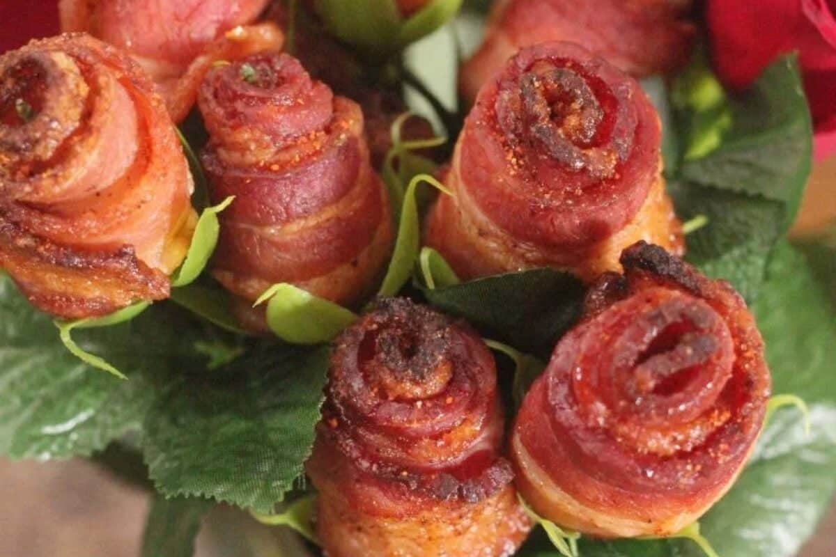 A closeup shot of a bouquet of bacon roses.