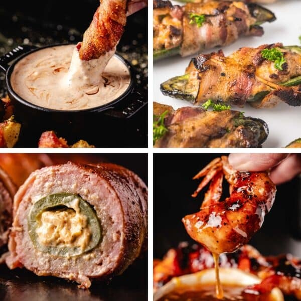 A collage featuring various bacon wrapped recipes.