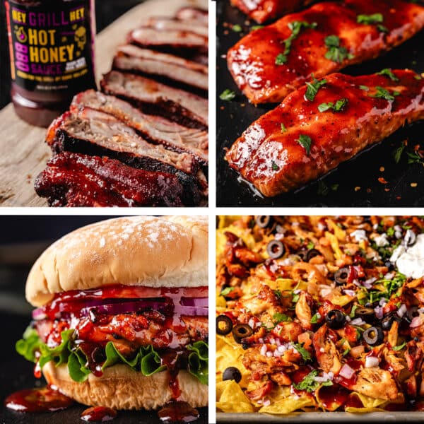 A collage of food items made using Hey Grill Hey Hot Honey BBQ Sauce Recipes.