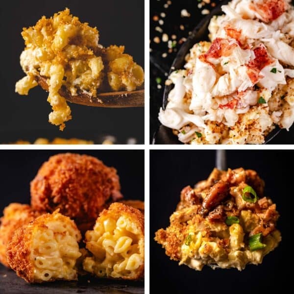 A collage featuring various cooked mac and cheese recipes.