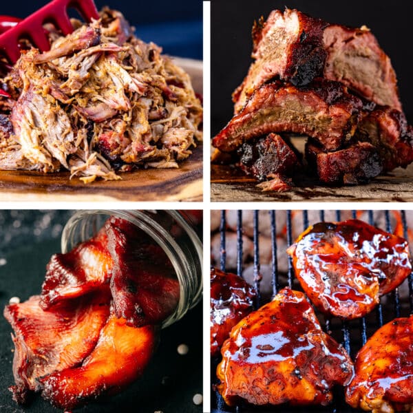 A collage featuring Hey Grill Hey Spicy Sweet Rub recipes.