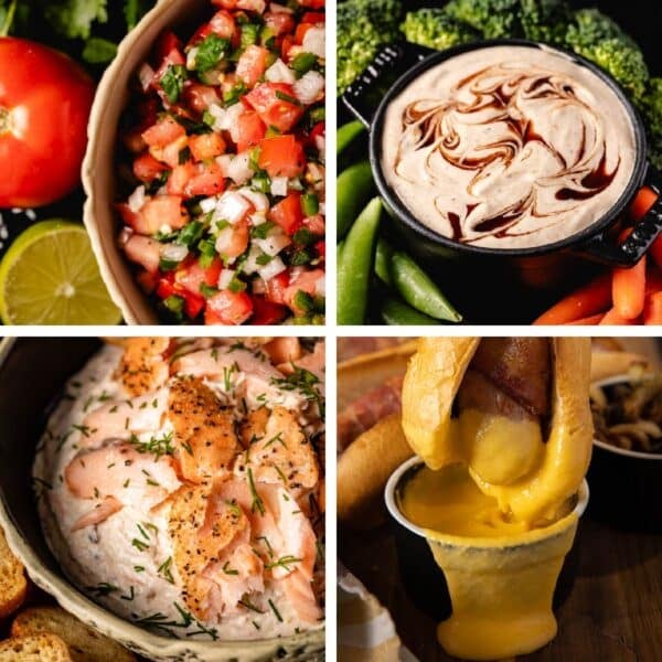 A collage of four separate dip recipes.