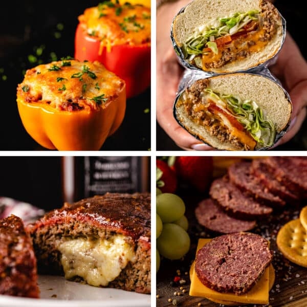 A collage of four separate ground beef recipes.