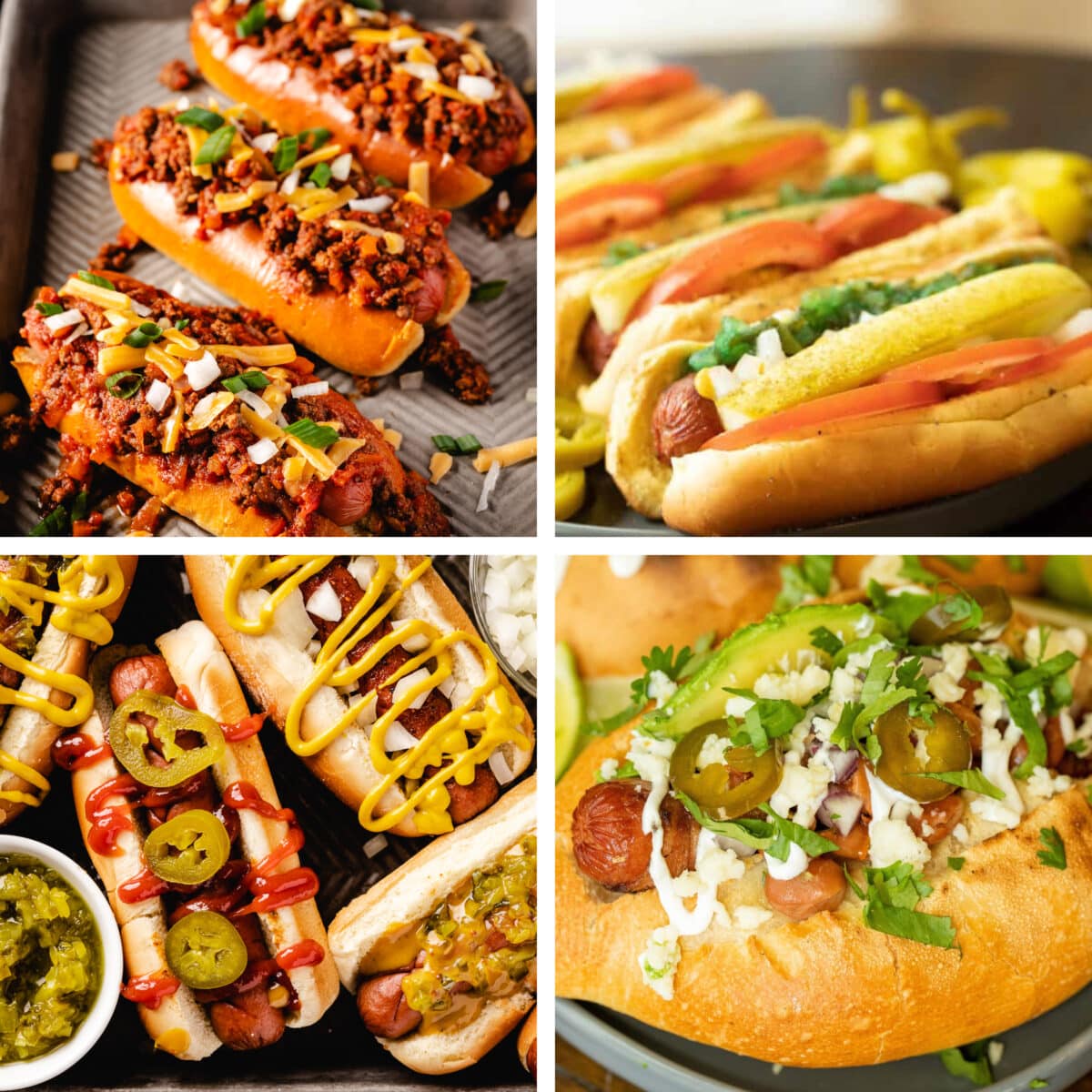 A collage featuring various hot dog recipes.