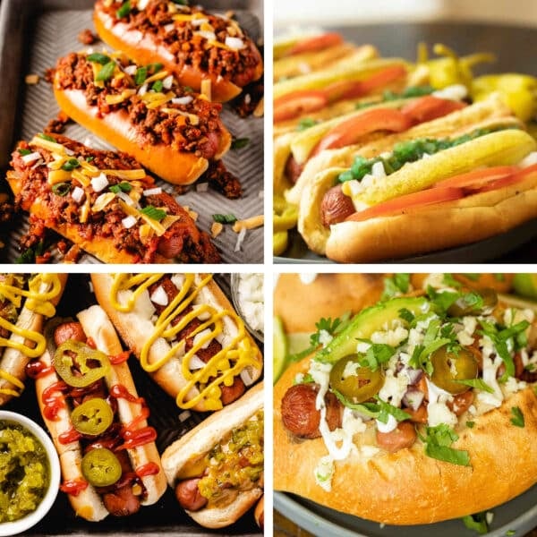 A collage featuring various hot dog recipes.