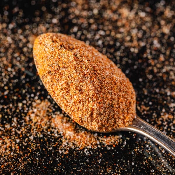 A closeup shot of a spoon with a scoop of seasoning.