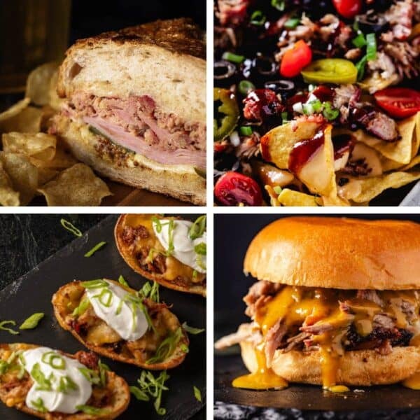 A collage featuring four separate pulled pork recipes.