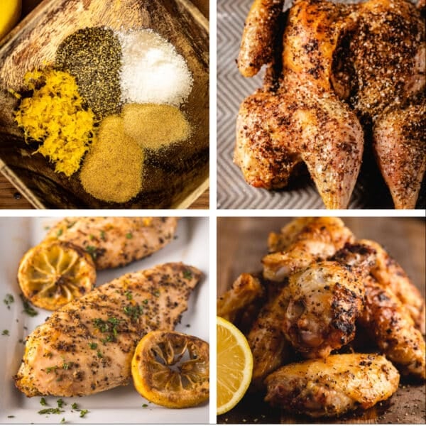 A collage featuring the recipe ingredients for Lemon Pepper rub, and various dishes made with it.
