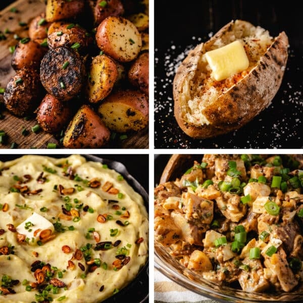 A collage of four difference potato recipes.