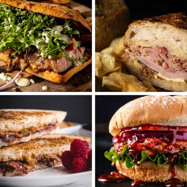 A collage of four different sandwich recipes.