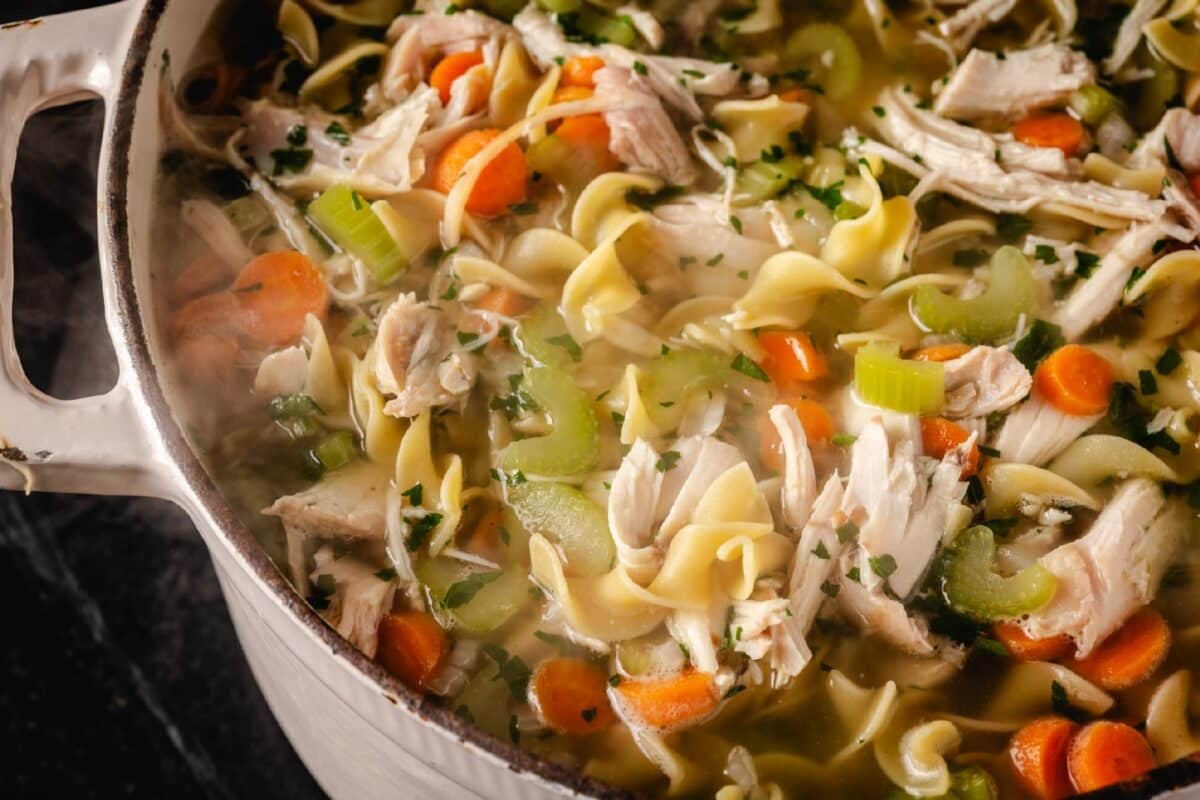 A closeup shot of a white pot filled with shredded chicken, chopped veggies, and pasta noodles.