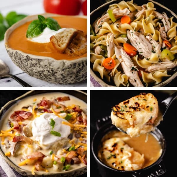 A collage of four separate soup recipes.